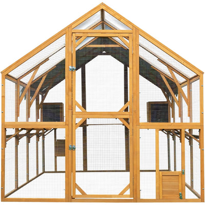 KEIKI 110" Wood Chicken Coop with Run, Waterproof Cover & Wire Mesh