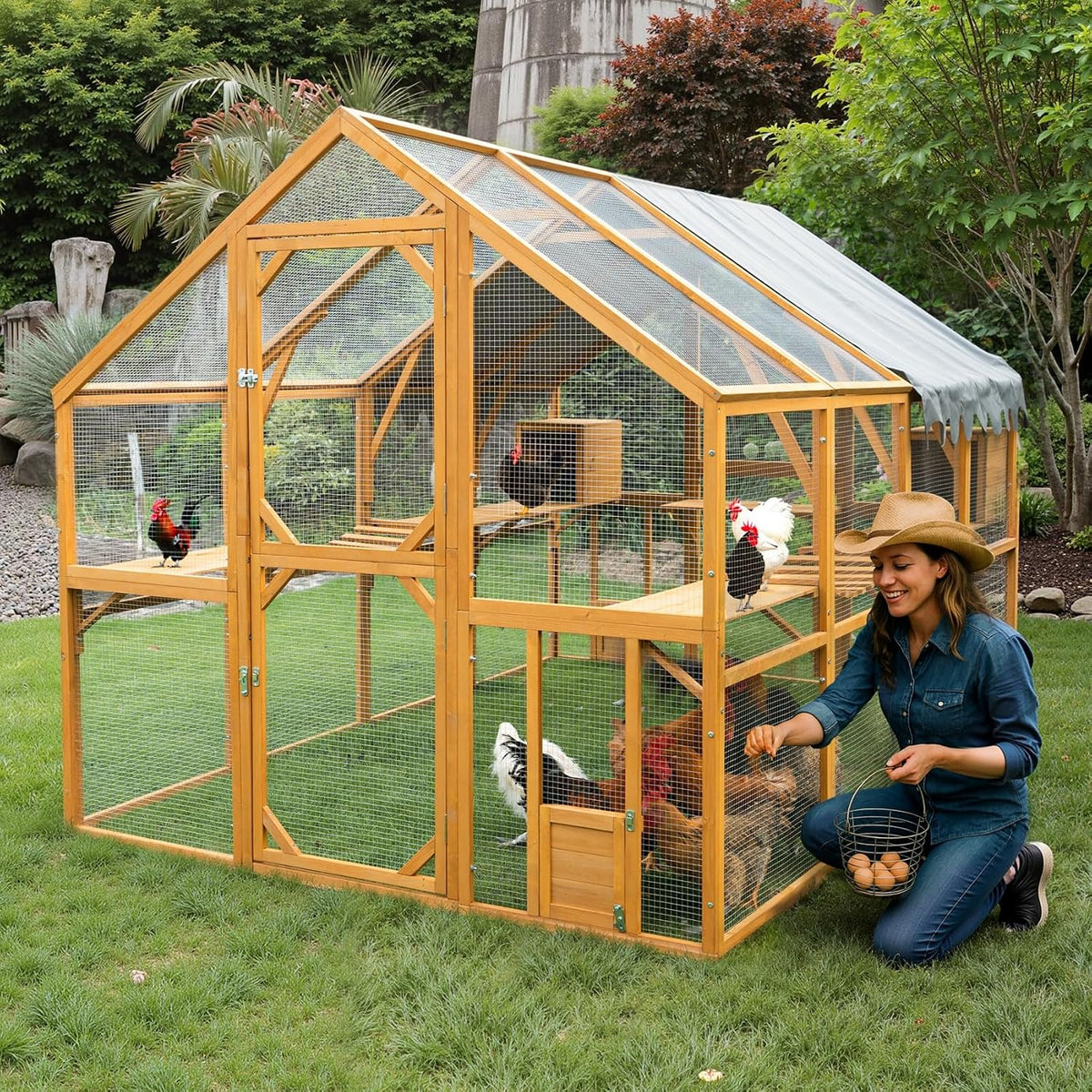 110"L Outdoor Large Chicken Coop with Waterproof Cover, Roosting Platform, Wire Mesh & 2 Lift Small Doors with Locks, Wood Chicken Coop House with Run for Cat Kitten Playpen, Duck, Rabbit, Quail — product view 2