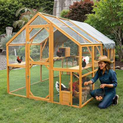 110"L Outdoor Large Chicken Coop with Waterproof Cover, Roosting Platform, Wire Mesh & 2 Lift Small Doors with Locks, Wood Chicken Coop House with Run for Cat Kitten Playpen, Duck, Rabbit, Quail — product view 2