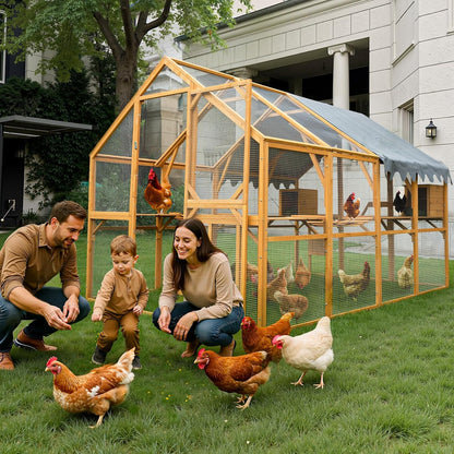 110"L Outdoor Large Chicken Coop with Waterproof Cover, Roosting Platform, Wire Mesh & 2 Lift Small Doors with Locks, Wood Chicken Coop House with Run for Cat Kitten Playpen, Duck, Rabbit, Quail — product view 3
