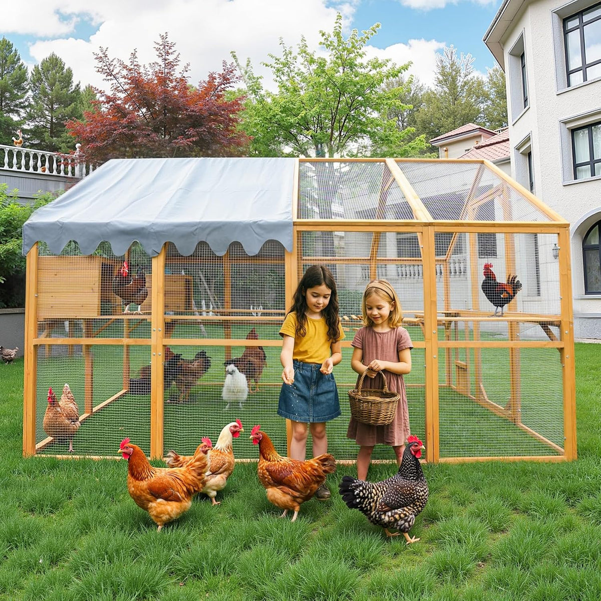 110"L Outdoor Large Chicken Coop with Waterproof Cover, Roosting Platform, Wire Mesh & 2 Lift Small Doors with Locks, Wood Chicken Coop House with Run for Cat Kitten Playpen, Duck, Rabbit, Quail — product view 4