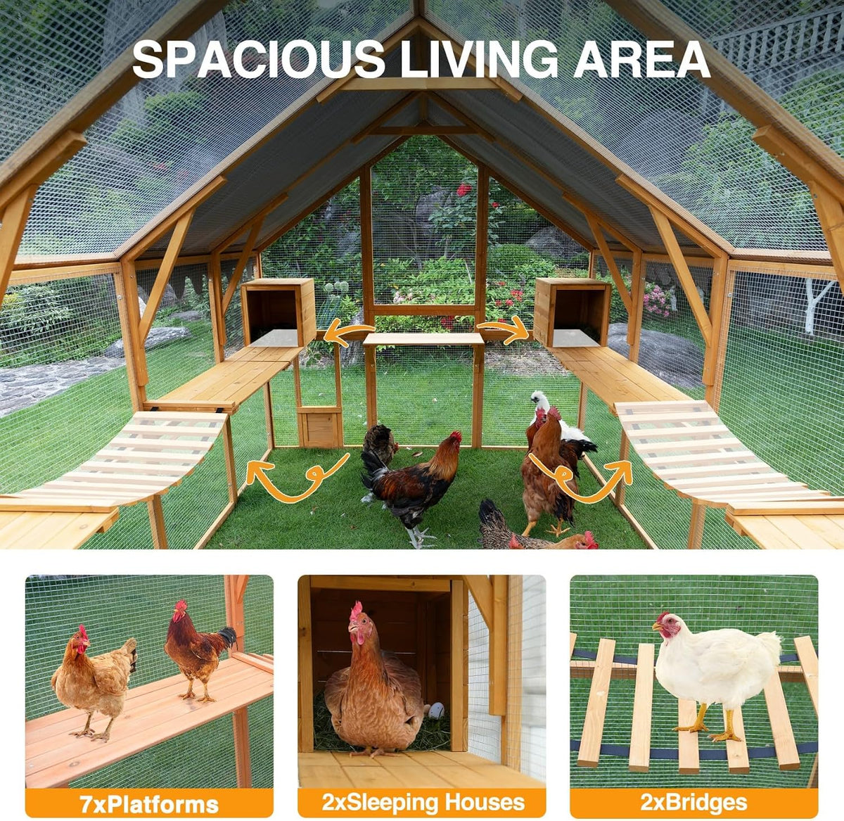 110"L Outdoor Large Chicken Coop with Waterproof Cover, Roosting Platform, Wire Mesh & 2 Lift Small Doors with Locks, Wood Chicken Coop House with Run for Cat Kitten Playpen, Duck, Rabbit, Quail — product view 5