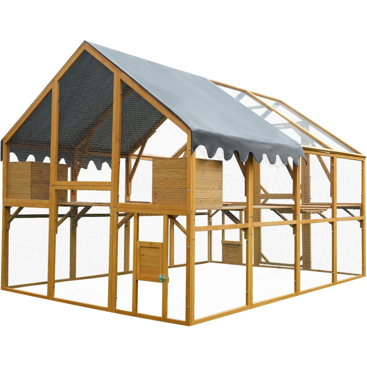 110"L Outdoor Large Chicken Coop with Waterproof Cover, Roosting Platform, Wire Mesh & 2 Lift Small Doors with Locks, Wood Chicken Coop House with Run for Cat Kitten Playpen, Duck, Rabbit, Quail — product view 6