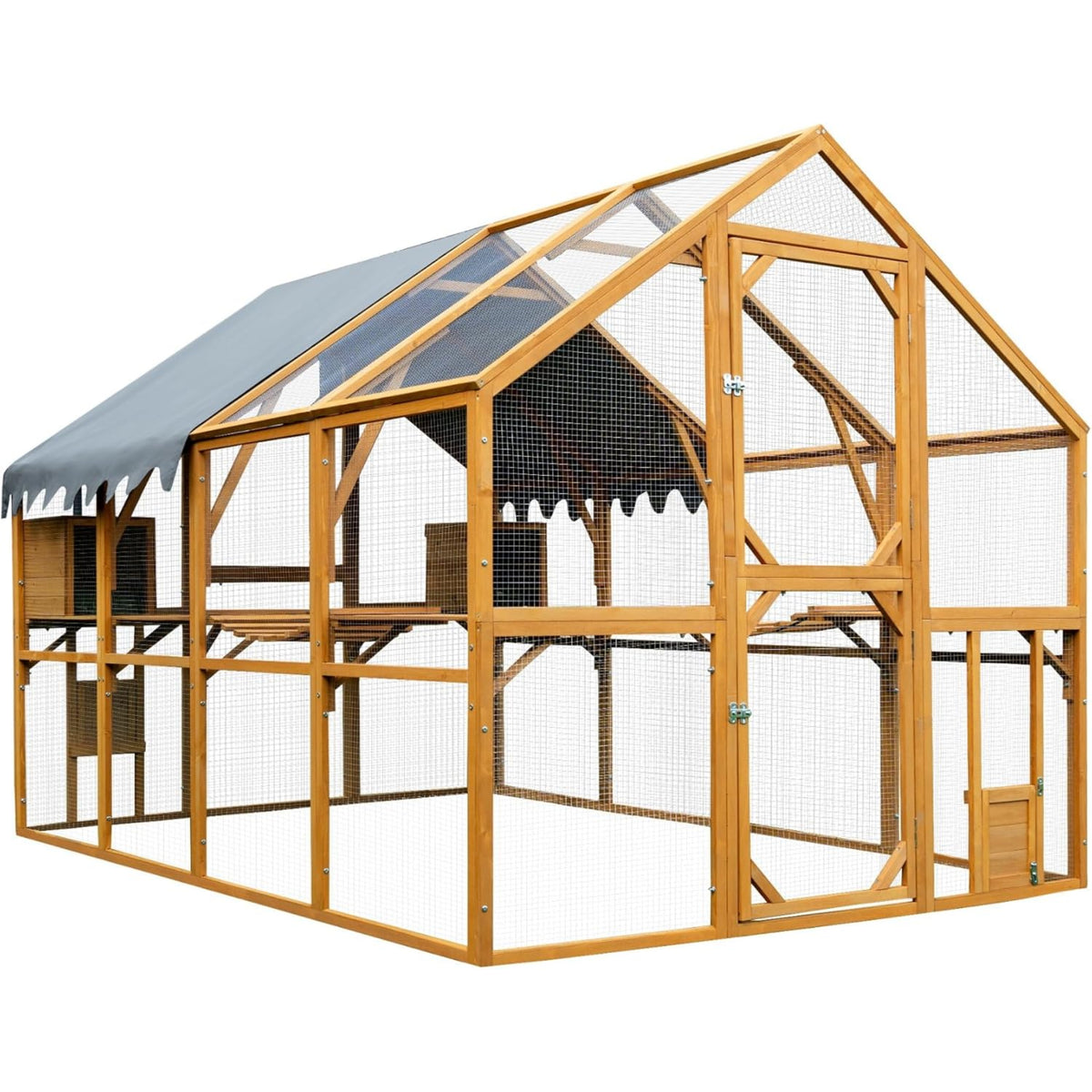 110"L Outdoor Large Chicken Coop with Waterproof Cover, Roosting Platform, Wire Mesh & 2 Lift Small Doors with Locks, Wood Chicken Coop House with Run for Cat Kitten Playpen, Duck, Rabbit, Quail — product view 7