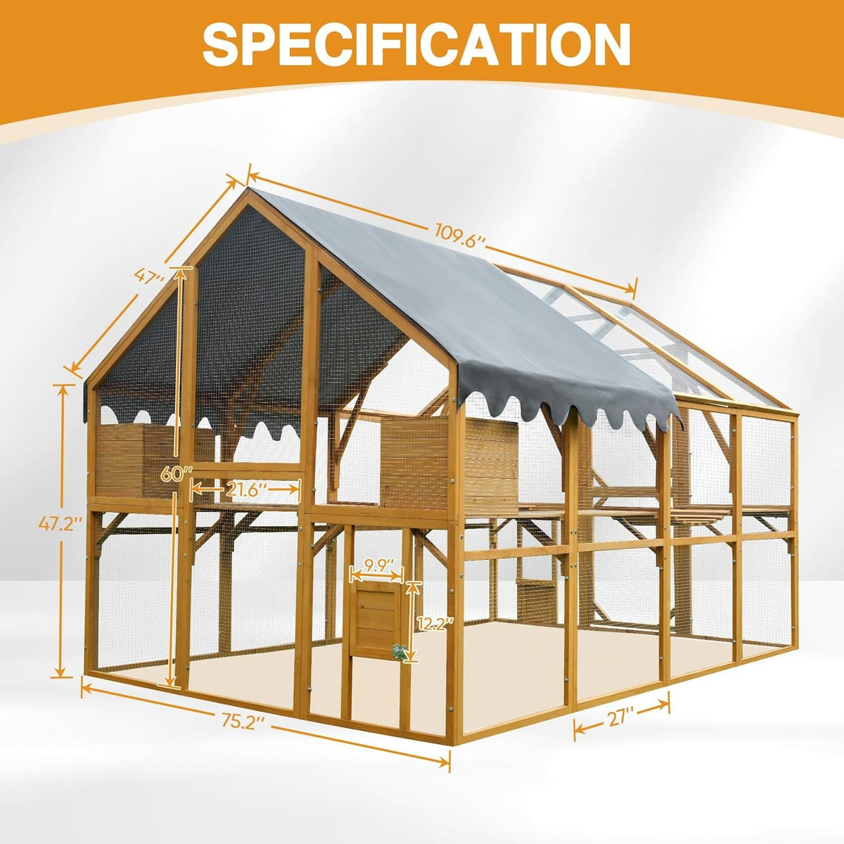 110"L Outdoor Large Chicken Coop with Waterproof Cover, Roosting Platform, Wire Mesh & 2 Lift Small Doors with Locks, Wood Chicken Coop House with Run for Cat Kitten Playpen, Duck, Rabbit, Quail — product view 9