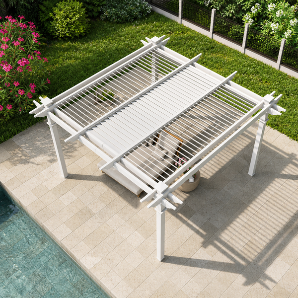 Louvered Pergola Designed for Year-Round Use, 12x12 Vinyl Construction, Adjustable Louver System, designed for long-term use