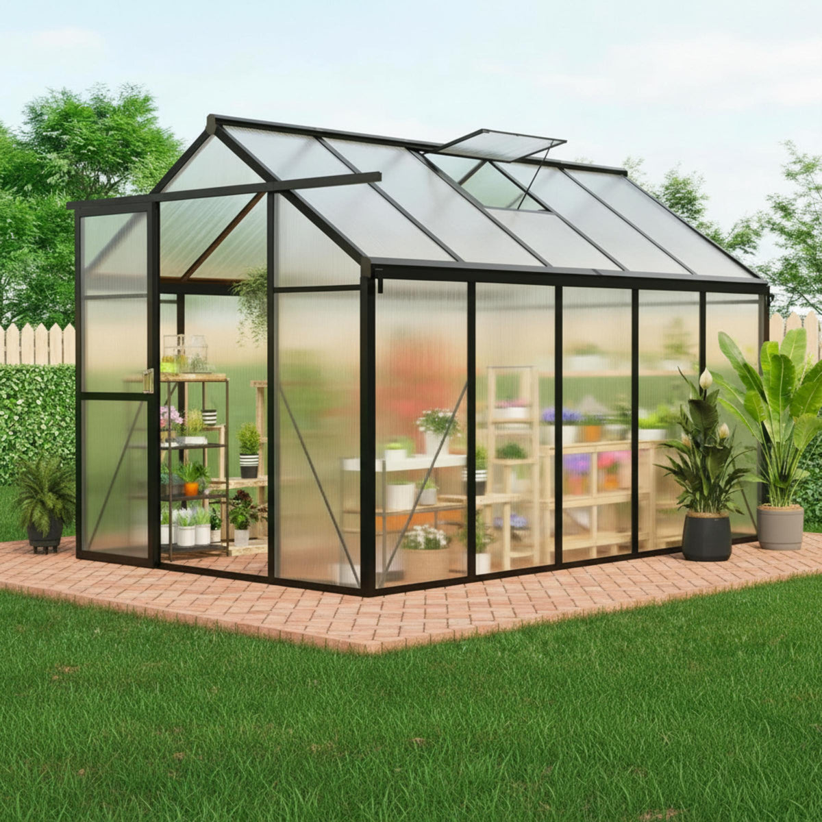 6X10 FT Greenhouse for Outdoors, Polycarbonate Greenhouse with Roof Vent, Ground Nails, Lockable Push Door, Aluminum Large Walk-In Green House for outside Garden Backyard, Patio, Lawn, Black — product view 2