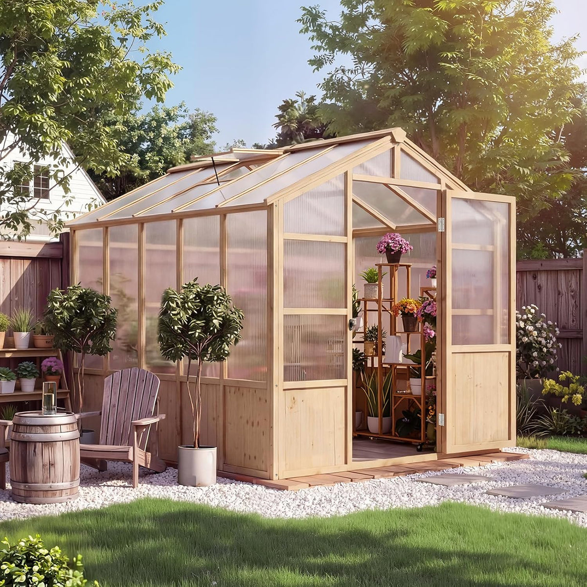 6'X10' Wooden Greenhouse for Outdoor, Large Walk-In Greenhouse Kit with Ventilated Window, Door & Polycarbonate Panels, Heavy Duty Wood Frame Green House for Patio Garden Backyard — product view 2
