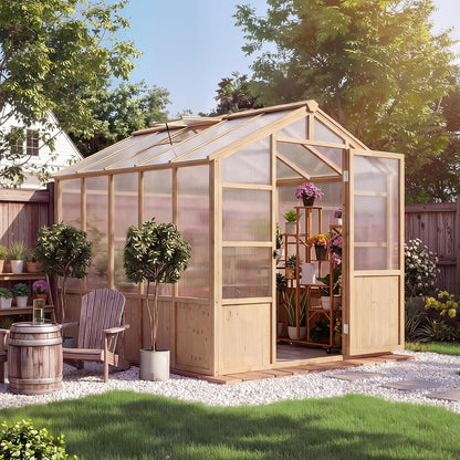 6'X10' Wooden Greenhouse for Outdoor, Large Walk-In Greenhouse Kit with Ventilated Window, Door & Polycarbonate Panels, Heavy Duty Wood Frame Green House for Patio Garden Backyard — product view 2