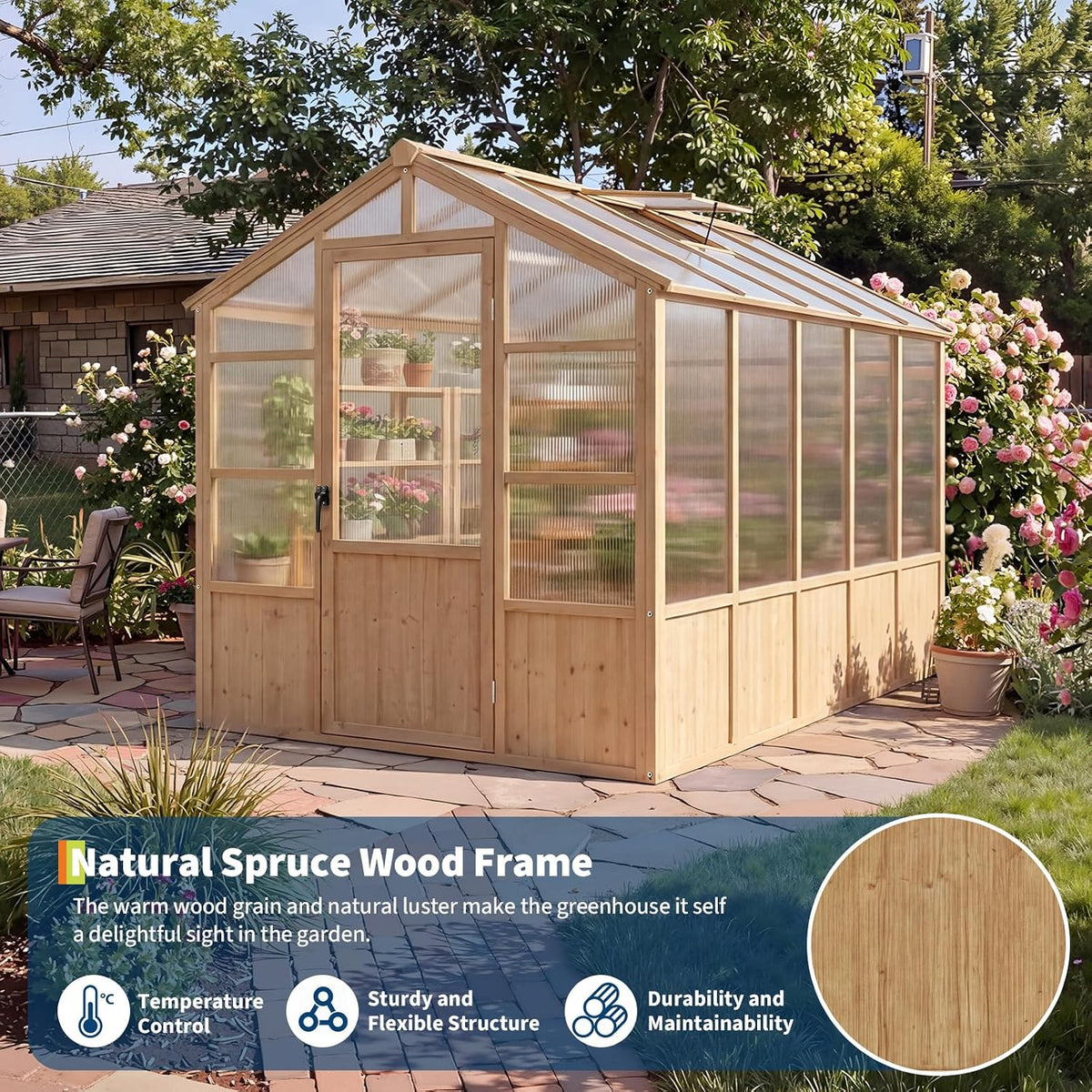 6'X10' Wooden Greenhouse for Outdoor, Large Walk-In Greenhouse Kit with Ventilated Window, Door & Polycarbonate Panels, Heavy Duty Wood Frame Green House for Patio Garden Backyard — product view 3