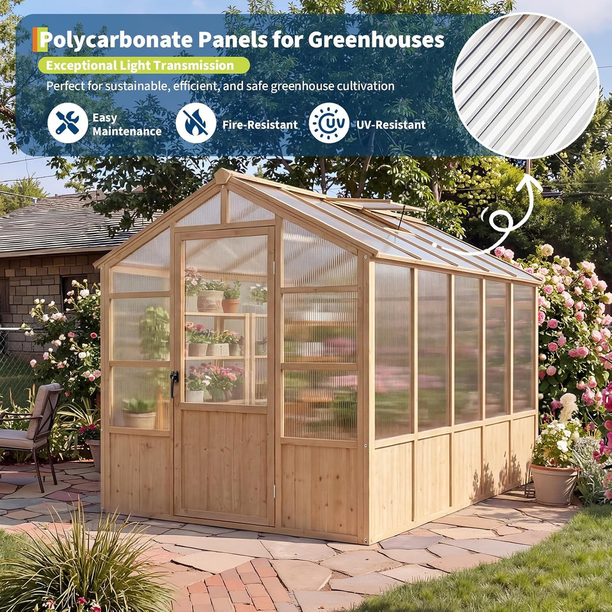 6'X10' Wooden Greenhouse for Outdoor, Large Walk-In Greenhouse Kit with Ventilated Window, Door & Polycarbonate Panels, Heavy Duty Wood Frame Green House for Patio Garden Backyard — product view 4