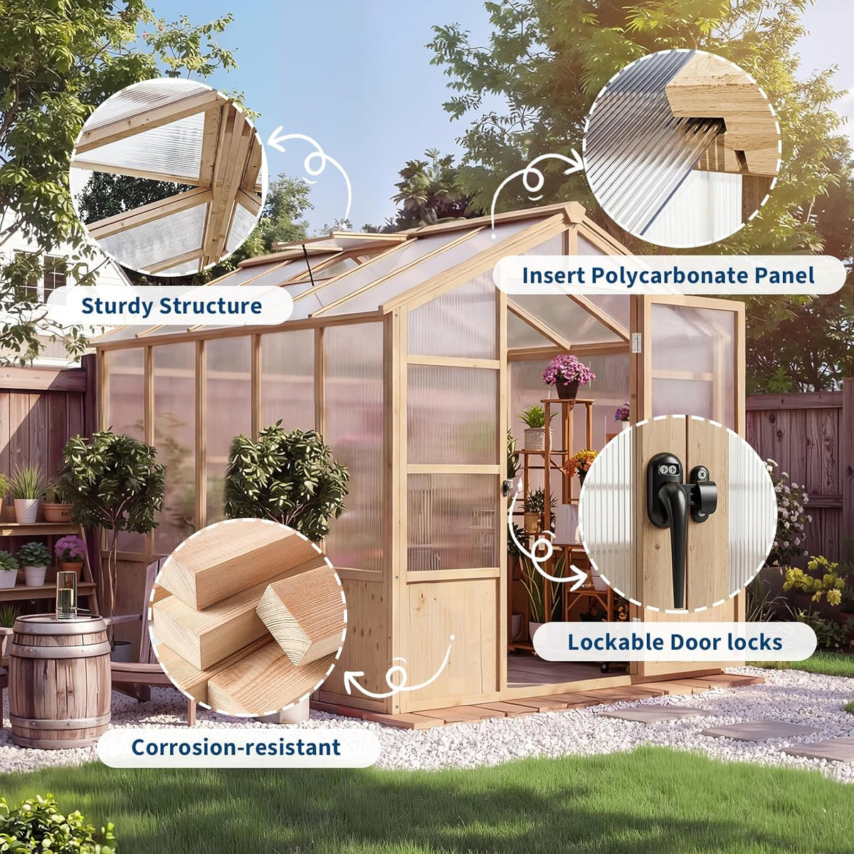 6'X10' Wooden Greenhouse for Outdoor, Large Walk-In Greenhouse Kit with Ventilated Window, Door & Polycarbonate Panels, Heavy Duty Wood Frame Green House for Patio Garden Backyard — product view 5