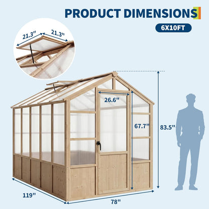 6'X10' Wooden Greenhouse for Outdoor, Large Walk-In Greenhouse Kit with Ventilated Window, Door & Polycarbonate Panels, Heavy Duty Wood Frame Green House for Patio Garden Backyard — product view 9