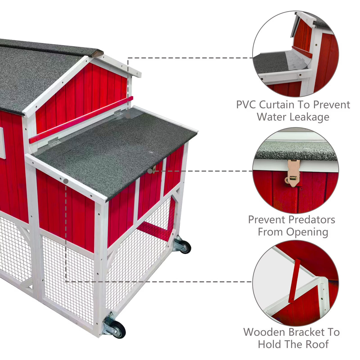 Chicken Coop with Run - 2-Story Wooden Chicken Tractor with Nesting Box - Red — product view 3