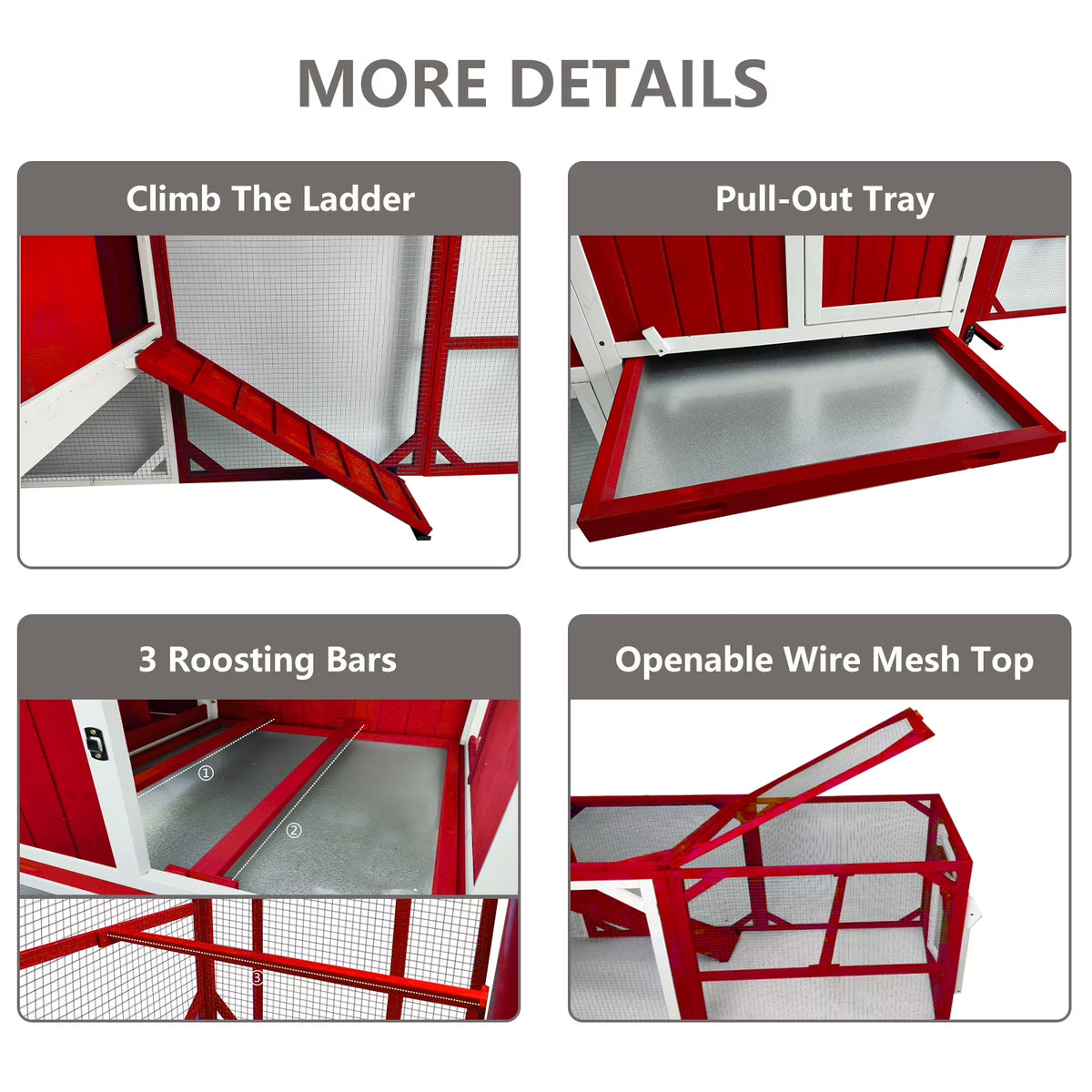 Chicken Coop with Run - 2-Story Wooden Chicken Tractor with Nesting Box - Red — product view 6