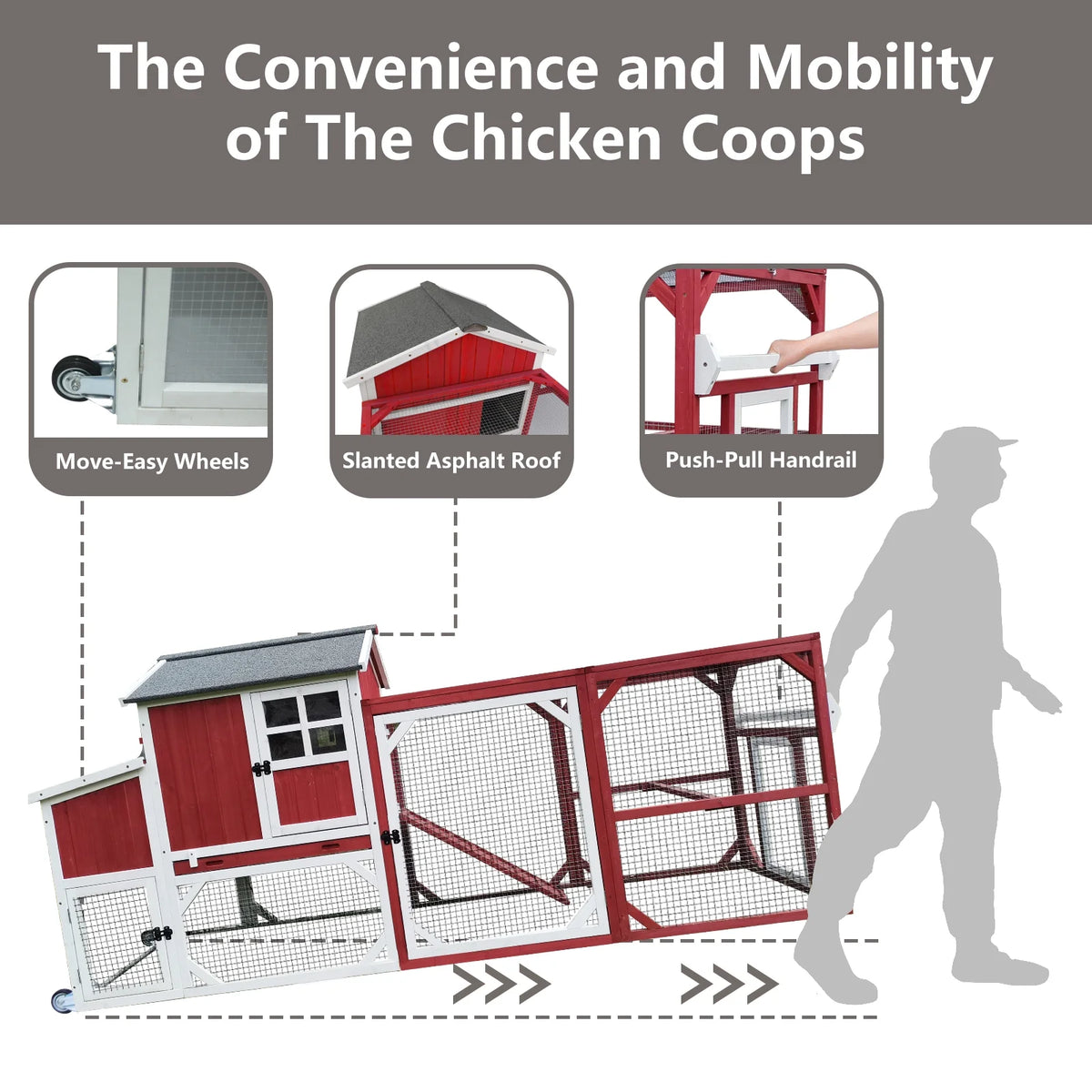 Chicken Coop with Run - 2-Story Wooden Chicken Tractor with Nesting Box - Red — product view 7