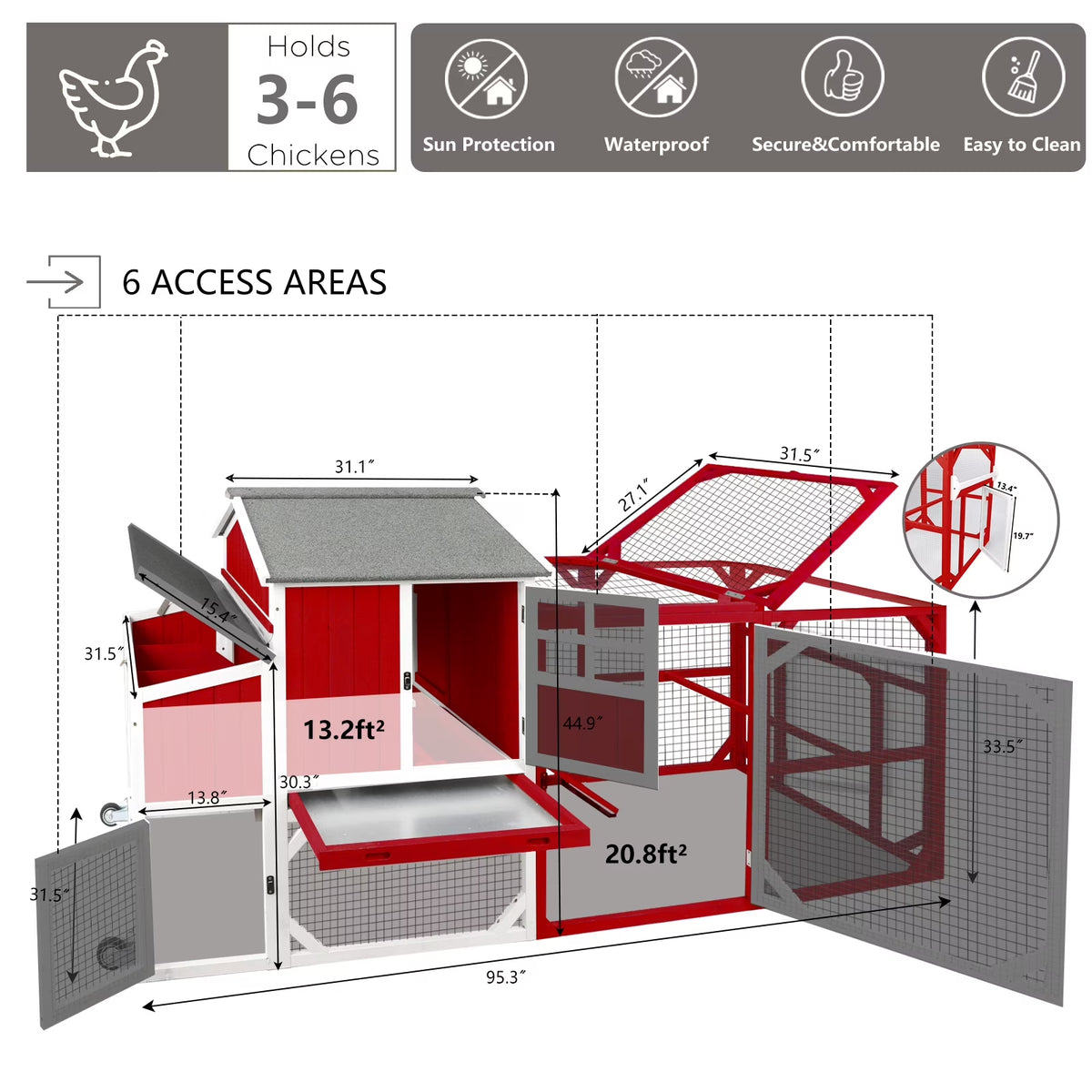 Chicken Coop with Run - 2-Story Wooden Chicken Tractor with Nesting Box - Red — product view 8
