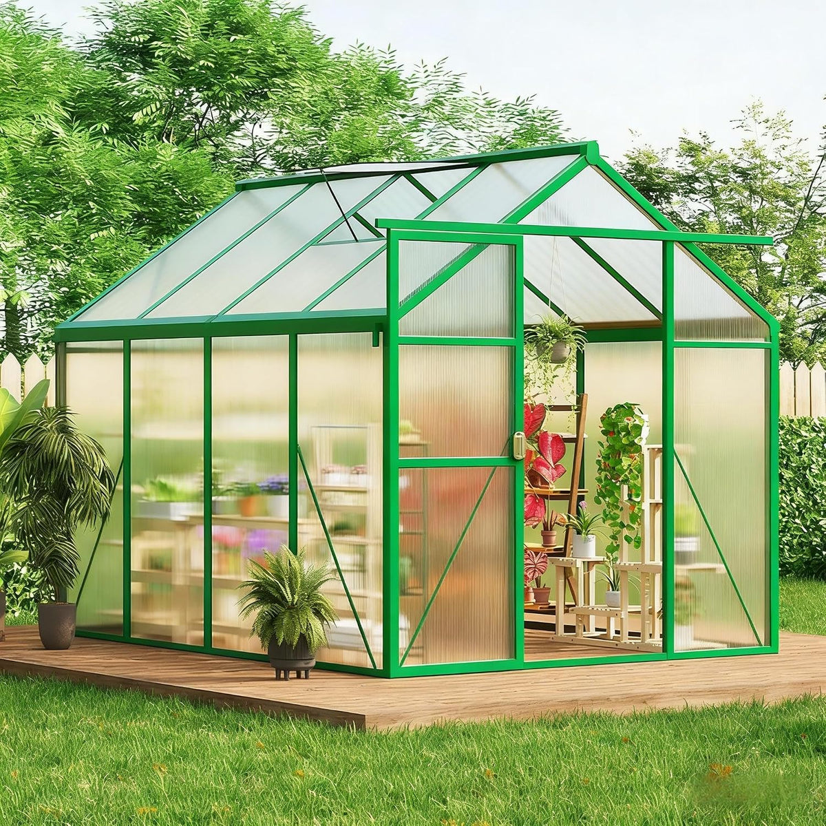 Greenhouse, 6X8 FT Greenhouse for Outdoors, Walk-In Green House with Ground Nails and Vent Windows, Sliding Lockable Door, Polycarbonate Greenhouses for outside Garden Backyard, Quick Setup, Green — product view 2