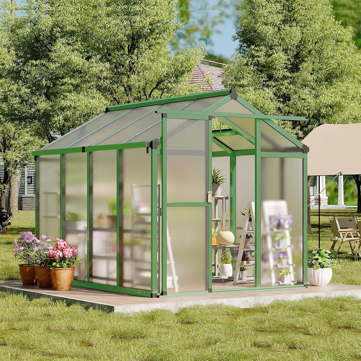 Greenhouse, 6X8 FT Greenhouse for Outdoors, Walk-In Green House with Ground Nails and Vent Windows, Sliding Lockable Door, Polycarbonate Greenhouses for outside Garden Backyard, Quick Setup, Green — product view 3