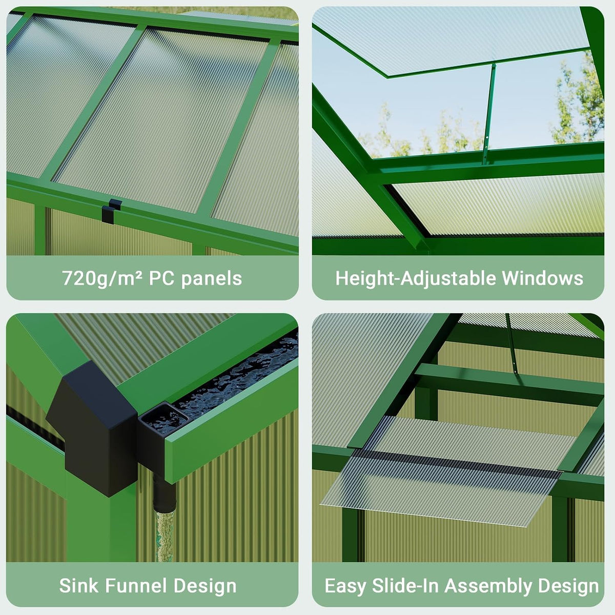 Greenhouse, 6X8 FT Greenhouse for Outdoors, Walk-In Green House with Ground Nails and Vent Windows, Sliding Lockable Door, Polycarbonate Greenhouses for outside Garden Backyard, Quick Setup, Green — product view 6