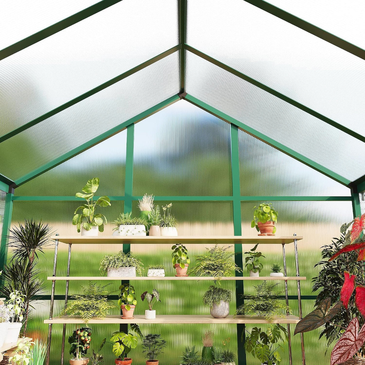 Greenhouse, 6X8 FT Greenhouse for Outdoors, Walk-In Green House with Ground Nails and Vent Windows, Sliding Lockable Door, Polycarbonate Greenhouses for outside Garden Backyard, Quick Setup, Green — product view 8