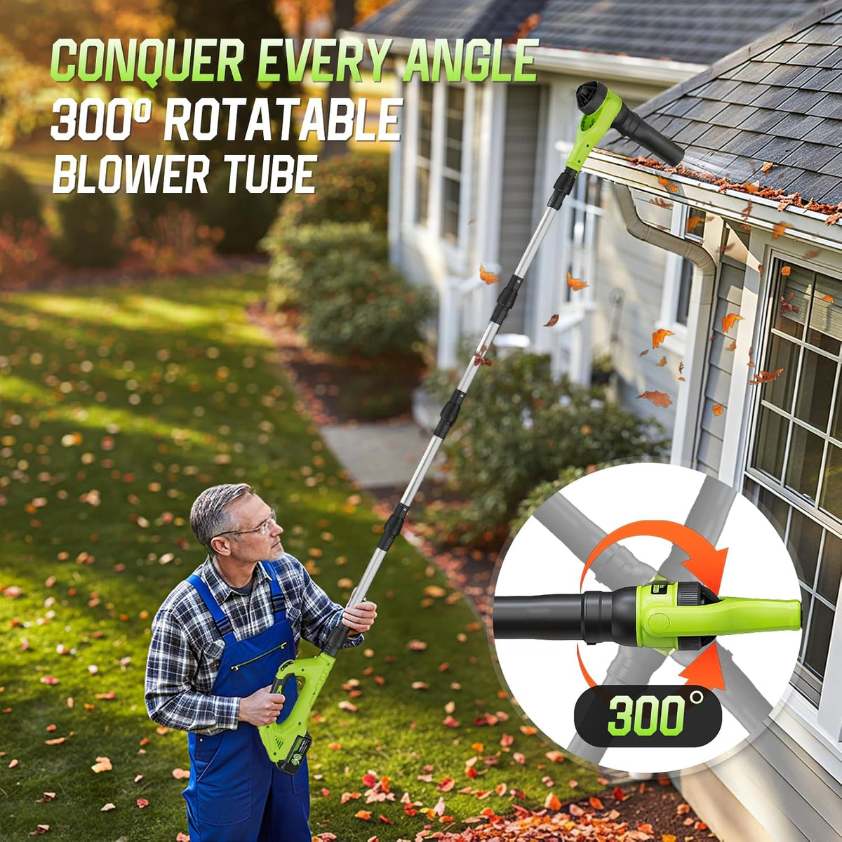 Leaf Blower Cordless, 40V Leaf Blowers with 2 Battery Brushless 300° Rotatable Blower Tube with Adjustable Pole (98Inch) 580CFM/180MPH & 2 Speed Gutter Cleaning Tools for Garden，House — product view 3